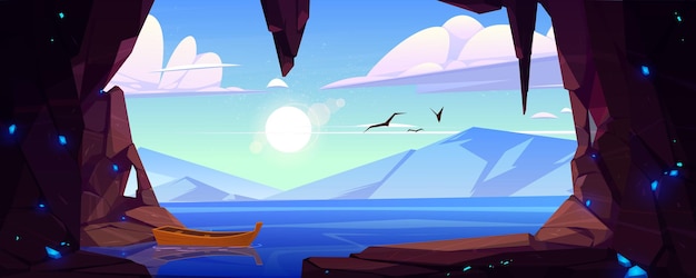 青い結晶の岩の洞窟と地平線上の湖と山々の眺め。石の洞窟の入り口、海、木製のボート、飛んでいる鳥、太陽と空の雲のベクトル漫画の風景