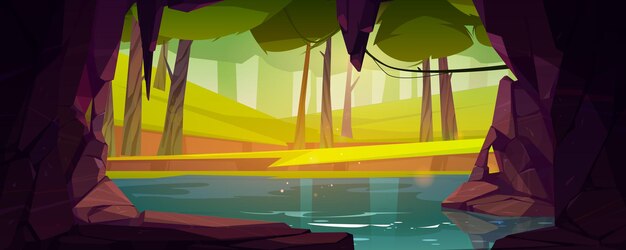cave in rock with lake and forest outside vector cartoon summer landscape with stone cavern entrance...
