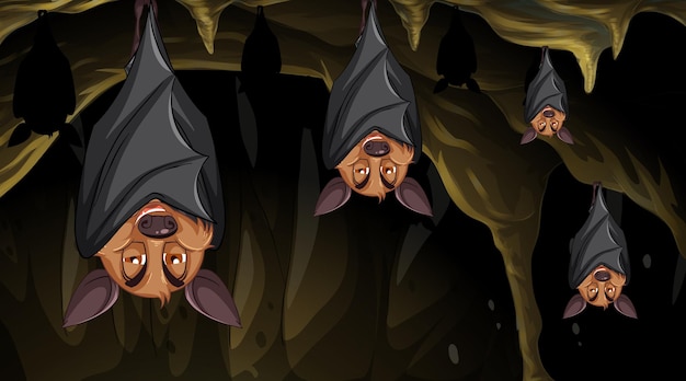 만화 스타일의 박쥐 그룹이 있는 동굴 장면
