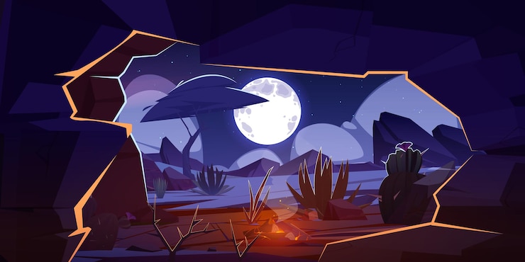 無料Vector 焚き火と夜の砂漠の風景と洞窟。