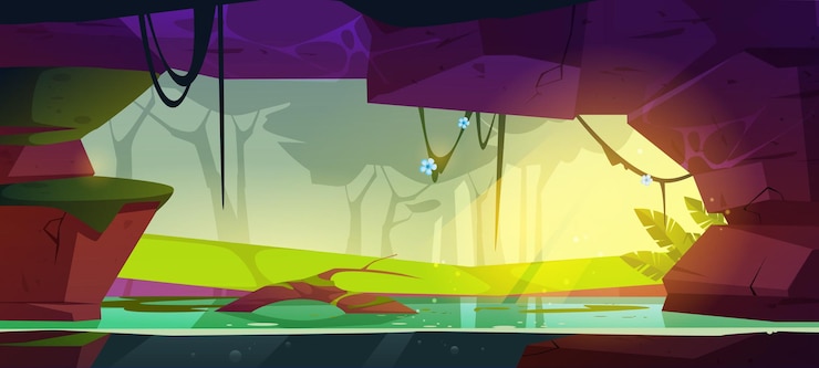 Free Vector cave with water in rock in jungle forest