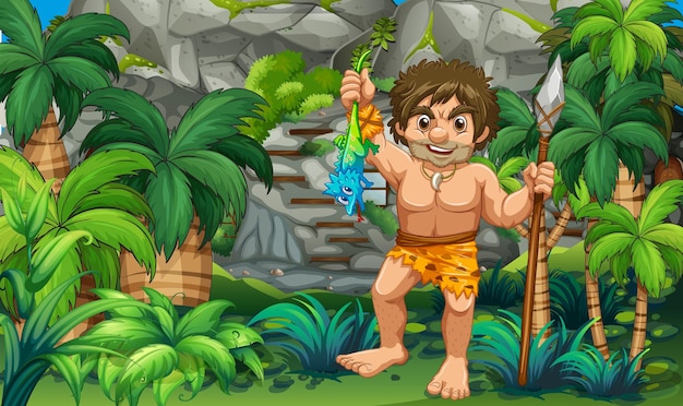 Caveman catching lizard in the forest