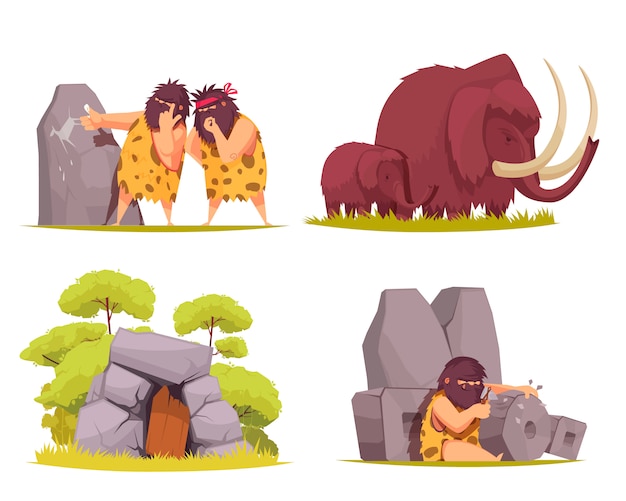 Free vector caveman concept set of primitive men dressed in animal pelt busy with everyday worries cartoon