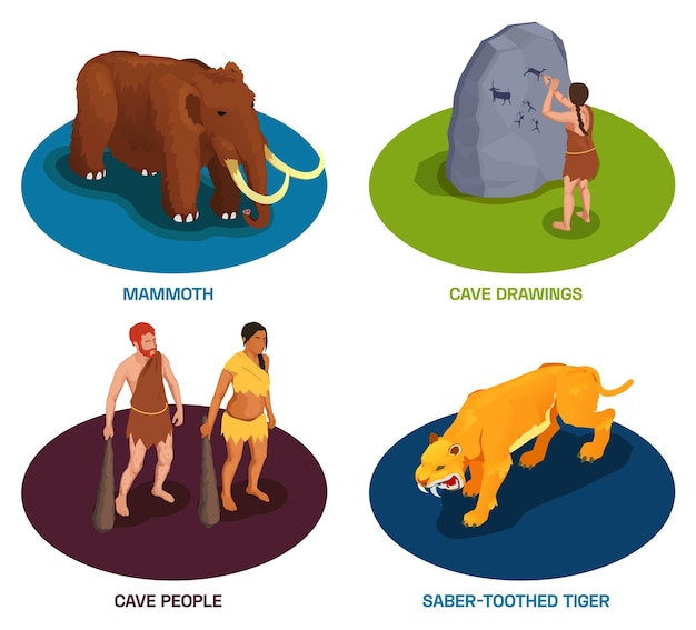 Free vector caveman prehistoric primitive people set of compositions with text ancient animals and characters of tribal people