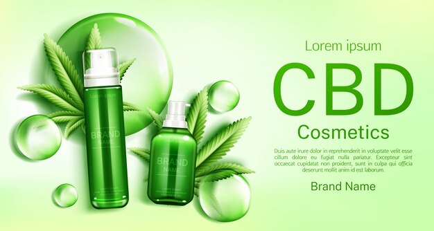 Cbd cosmetics bottles with bubbles and leaves