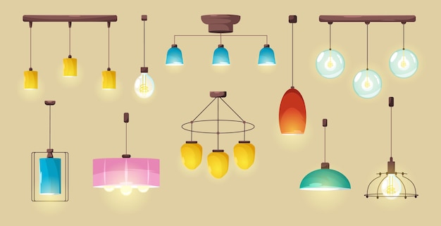 Free vector ceiling lamps, modern glowing electric bulbs set