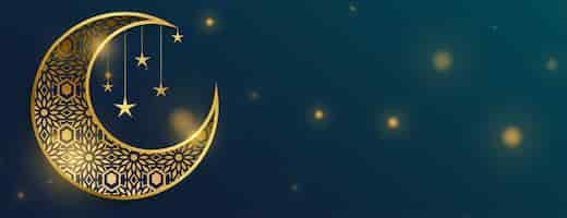 Free vector celebrate eidulfitr occasion shiny banner with golden arabic crescent design