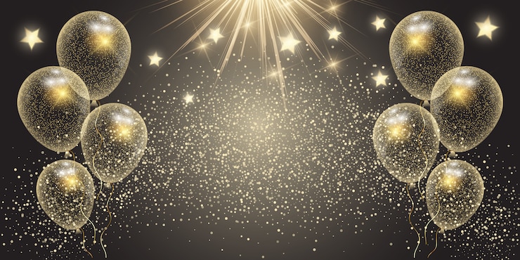 Free Vector celebration banner with gold balloons and stars 