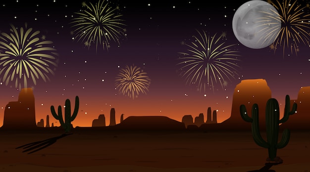 Free vector celebration fireworks on sky desert scene