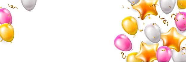 Free vector celebration party horizontal banner with gold pink and silver color balloons and place for text realistic background vector illustration