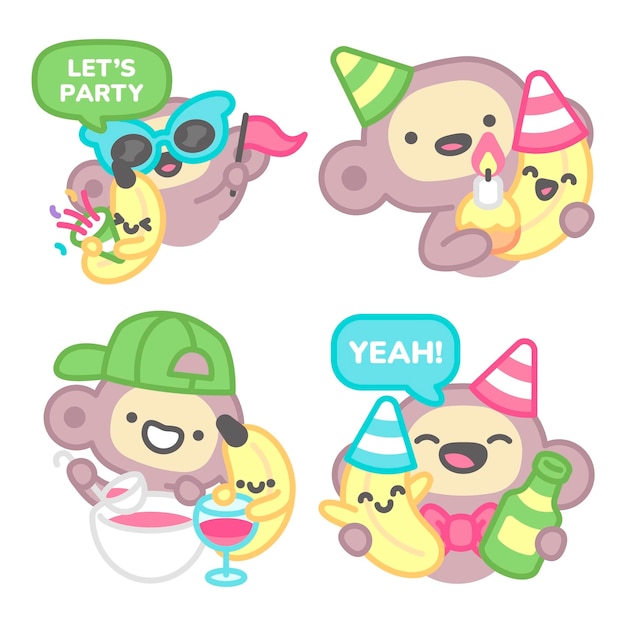 Celebration stickers collection with monkey and banana