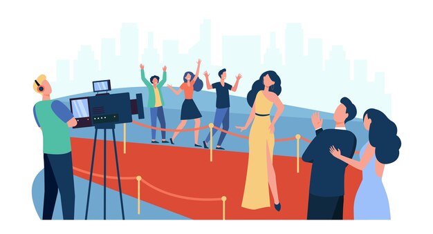 Celebrities posing to paparazzi and walking along red carpet isolated flat illustration. Cartoon people greeting famous movie star