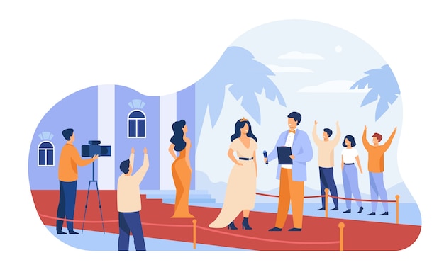 Free vector celebrities walking along red carpet isolated flat vector illustration. cartoon famous people posing to paparazzi camera.