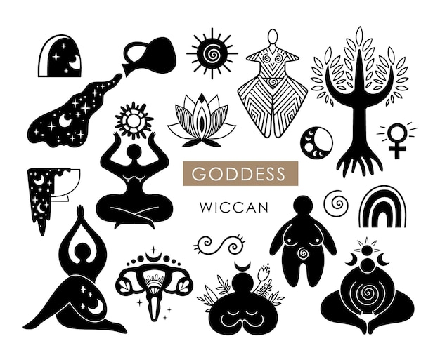 Celestial goddess cliparts wiccan woman silhouette female symbol moon and sun   vector