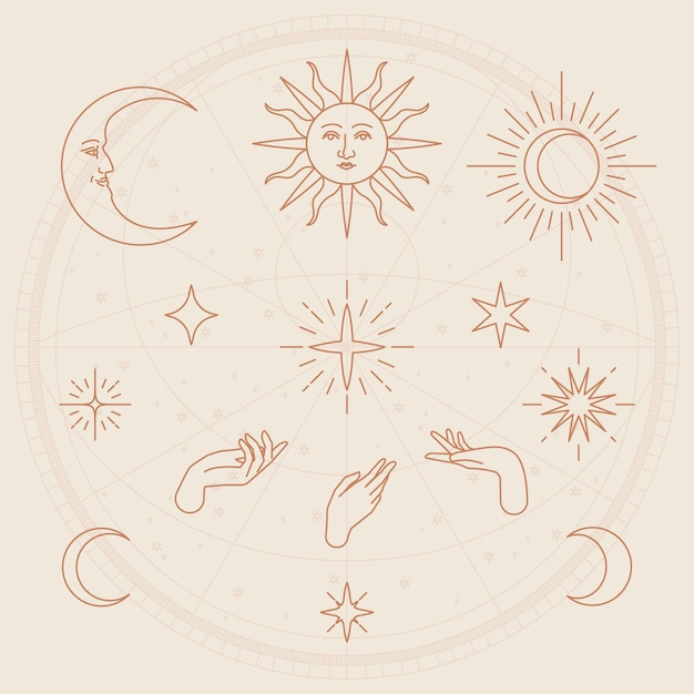 Free vector celestial object sketch  set beige background