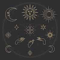 Free vector celestial object vector golden sketch collection on black background