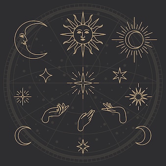 Celestial object vector golden sketch collection on black background