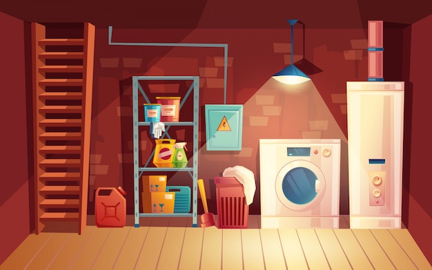 cellar interior, laundry inside the basement in cartoon style.