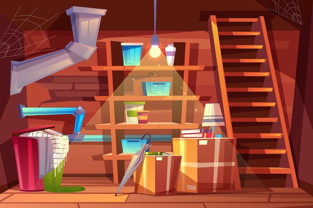 Cellar interior, storage of clothing inside the basement in cartoon style.