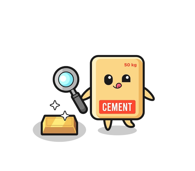 Cement sack character is checking the authenticity of the gold bullion cute design Premium Vector