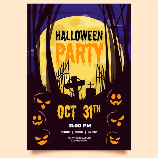 Free Vector | Cemetery cross and full moon halloween poster template