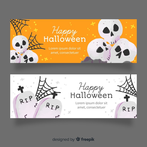 Cemetery and skulls watercolour halloween banners