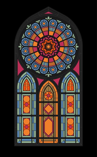 Central vertical stained glass mosaic window of the gothic church flat vector illustration