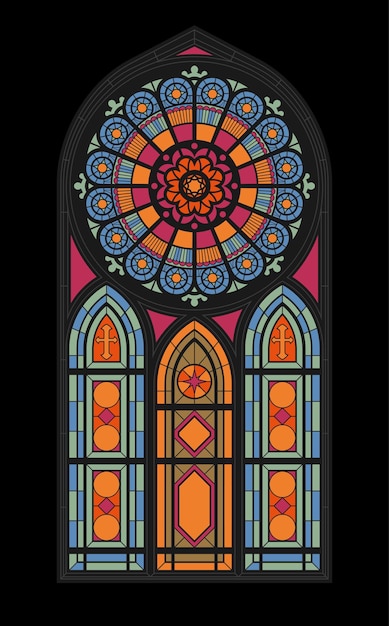 고딕 양식의 교회 평면 벡터 일러스트 레이 션의 중앙 수직 스테인드 글라스 모자이크 창