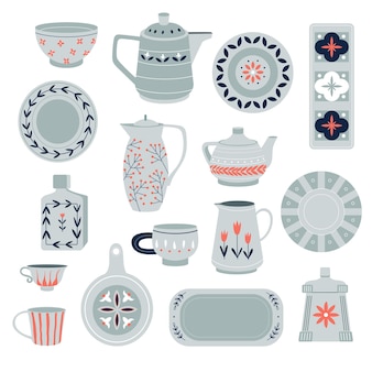 Набор керамической посуды. керамика ручной работы. фарфоровые тарелки, чашки, чайники, кувшины, миски. декоративная посуда