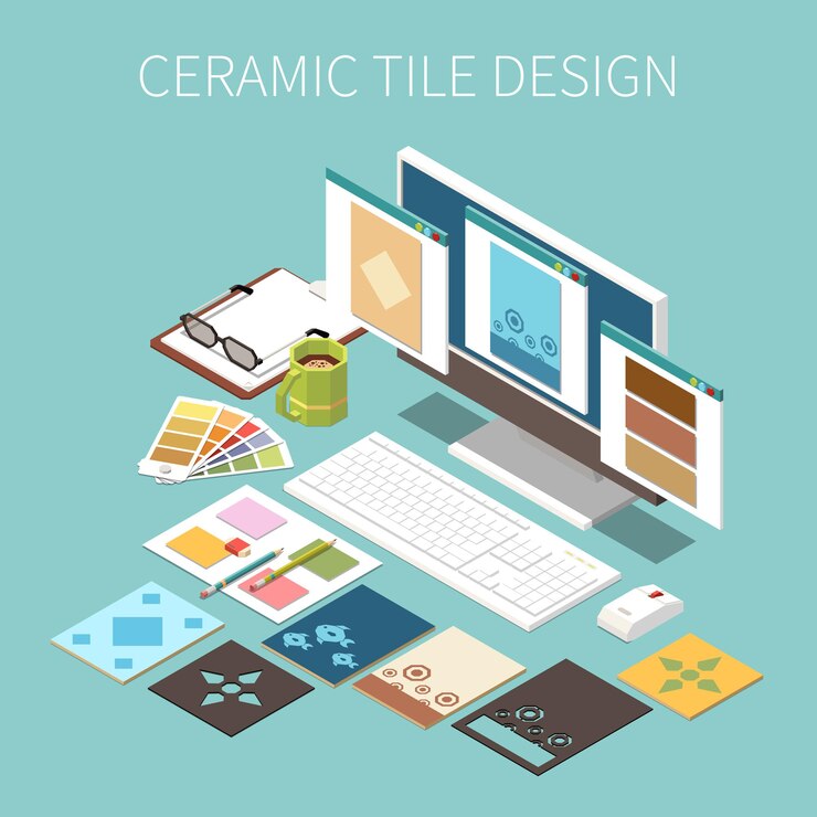 Free Vector ceramic tile design background with different types and colors of tiles on pc screen isometric vector illustration