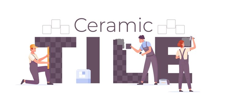 Free Vector ceramic tiles flat text with three workers doing tiling work vector illustration