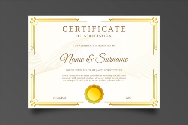 Сертификат благодарности с золотой рамкой и луком солнца