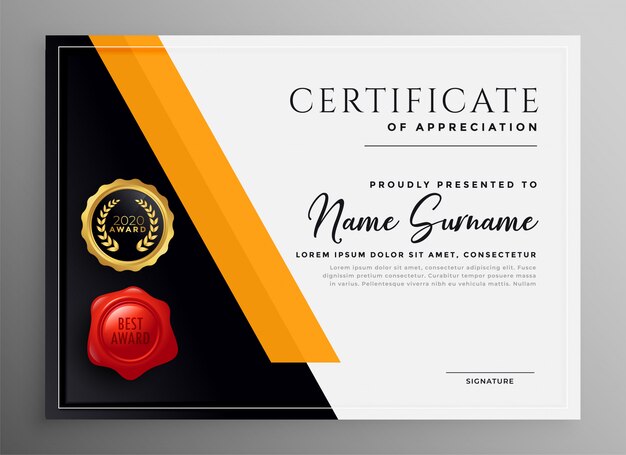 Сертификат признательности yelllow профессиональный дизайн шаблона