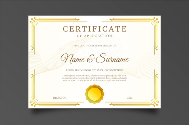Бесплатное векторное изображение Сертификат благодарности с золотой рамкой и луком солнца