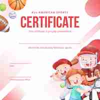 Бесплатное векторное изображение Шаблон сертификата с концепцией американских спортивных детей в акварельном стиле