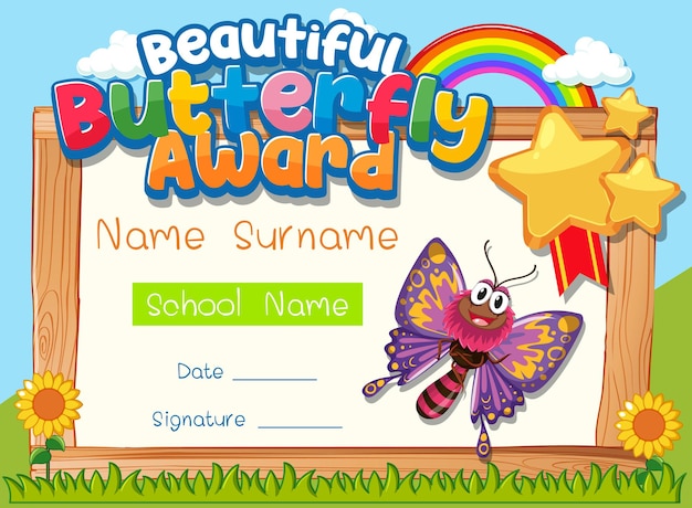 Modello di certificato con beautiful butterfly award
