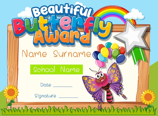 Modello di certificato con beautiful butterfly award