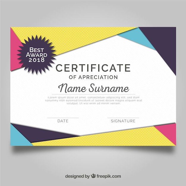 Certificate template with flat and colorful shapes