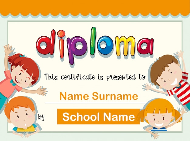 Certificate template with four kids with big smile