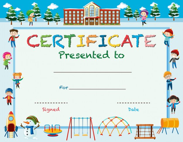 Certificate template with kids in winter at school