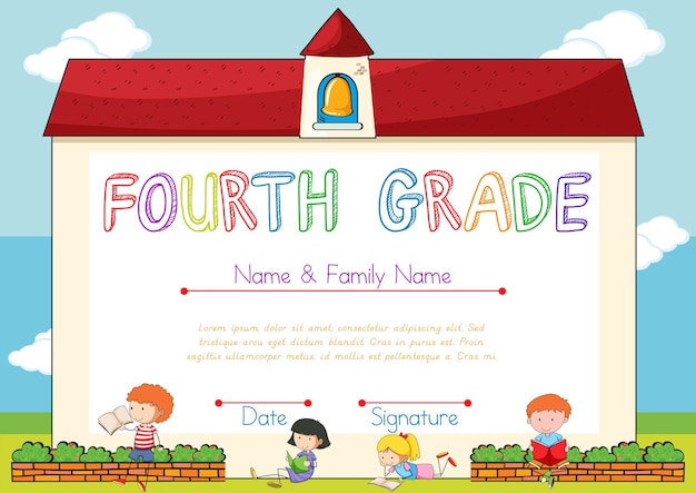 Free vector certificate with background of children and school