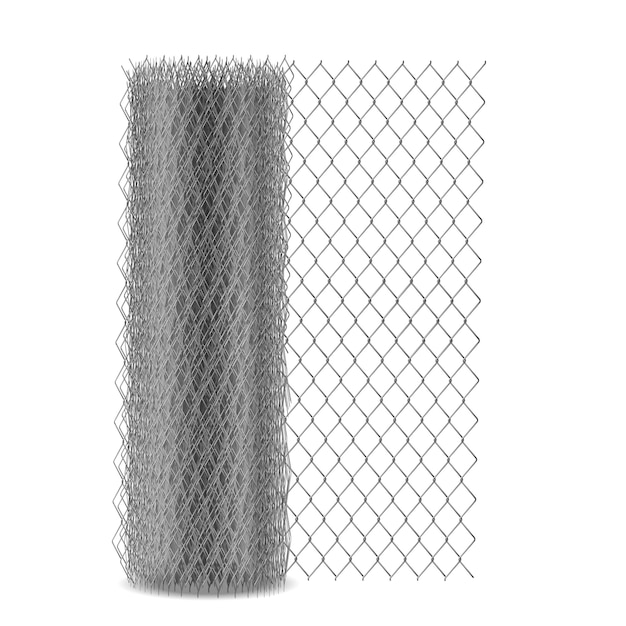 Chain link mesh fencing with hexagonal eyelet, metal rabitz netting in roll 3d realistic vector illustration isolated. Fence, barrier construction material woven from steel wire