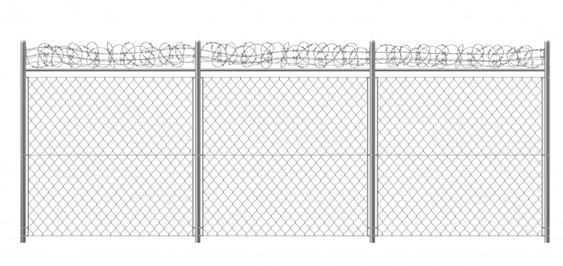 Free vector chain-link, rabitz fence fragment with metallic pillars and barbed or razor wire 3d realistic vector illustration isolated. secured territory, protected area or prison fencing