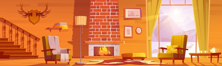 Free Vector chalet house interior with fireplace and mountains behind window  cartoon illustration of traditional lodge mountain cottage living room with chairs and horns on wall