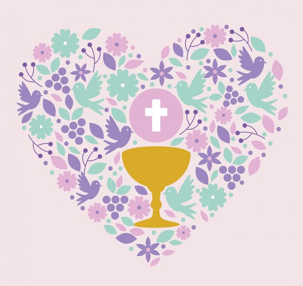 Chalice with holy host and doves inside heart to event