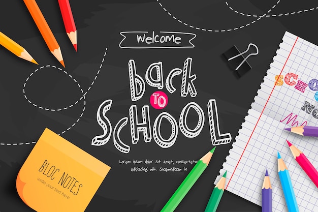 Free vector chalkboard back to school with school supplies