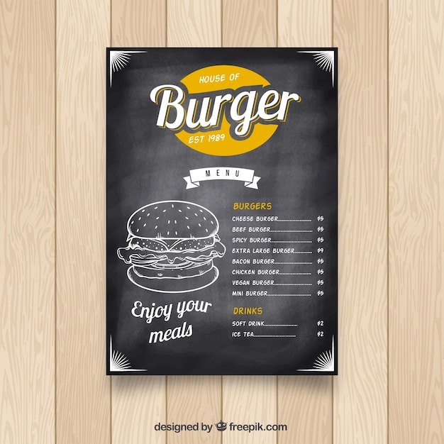Chalkboard with fast food menu and color details