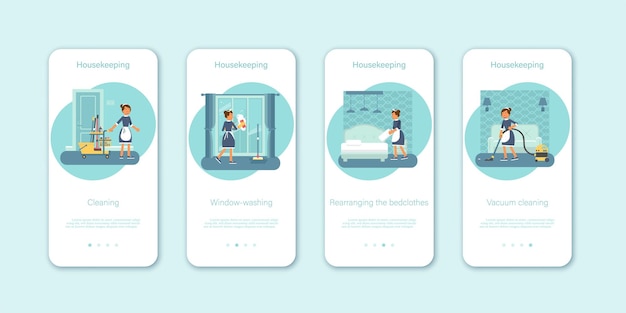 Chambermaid chores mobile app illustration set Cheerful made in uniform cartoon character woman in apron washing window vacuuming making bed hotel room cleaning service housekeeping