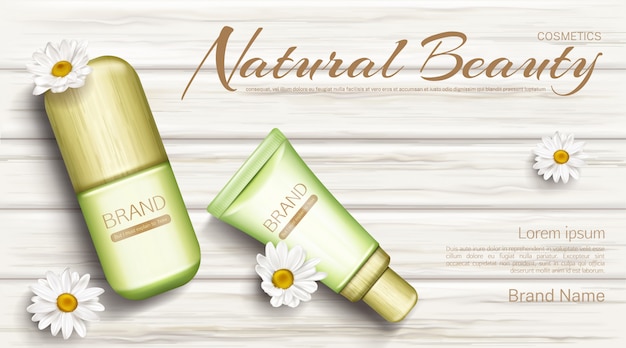 Free vector chamomile eco cosmetics bottles  banner