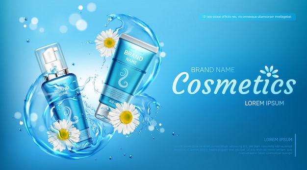 Free vector chamomile eco cosmetics bottles mock up banner